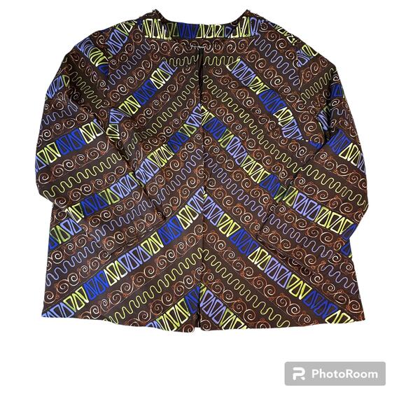 Maggie Barnes Blazer Women 2X Brown with Blue And Green Squiggles Open Front - Picture 1 of 13